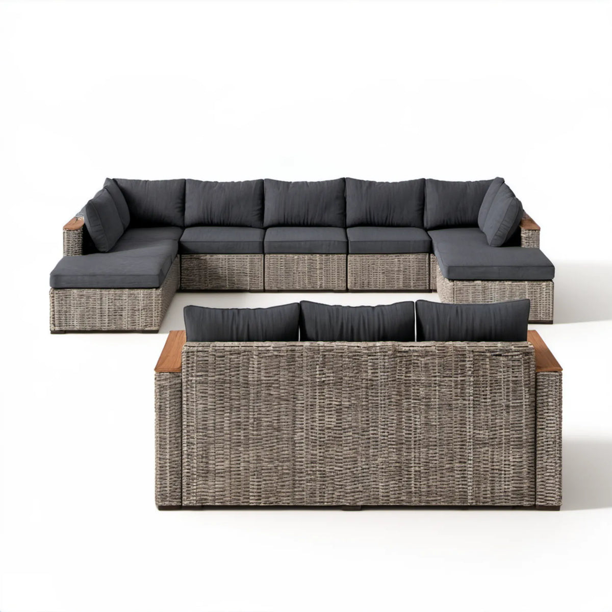Modułowy zestaw ogrodowy w kształcie U z technorattanu PE, szary/antracytowy/brązowy, 350 × 170 × 85 cm