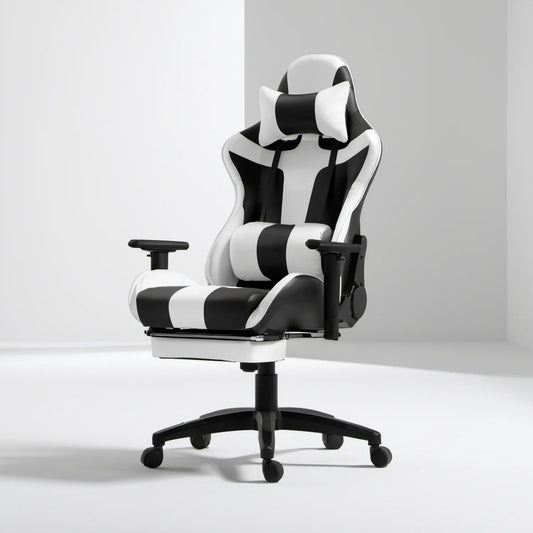 Obrotowy fotel gamingowy z ekoskóry PU, biało-czarny, 65 x 65 x 125–135 cm