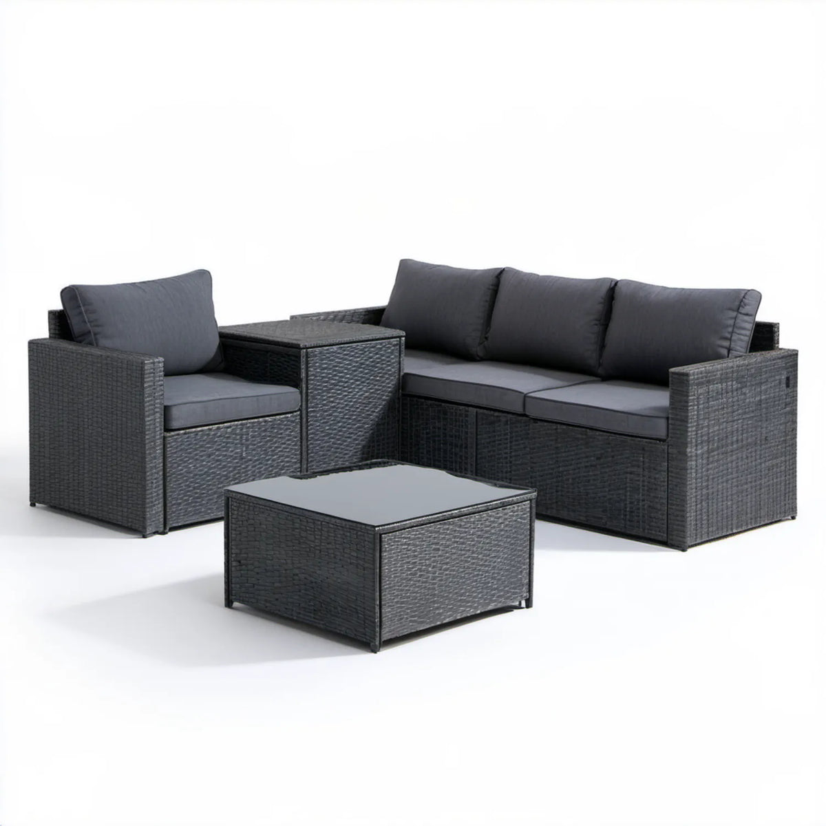 4-częściowy zestaw wypoczynkowy z technorattanu PE, czarny/ciemnoszary, sofa 124 × 65 × 66 cm, fotel 65 × 65 × 66 cm, stoliki 60 × 60 × 32 cm