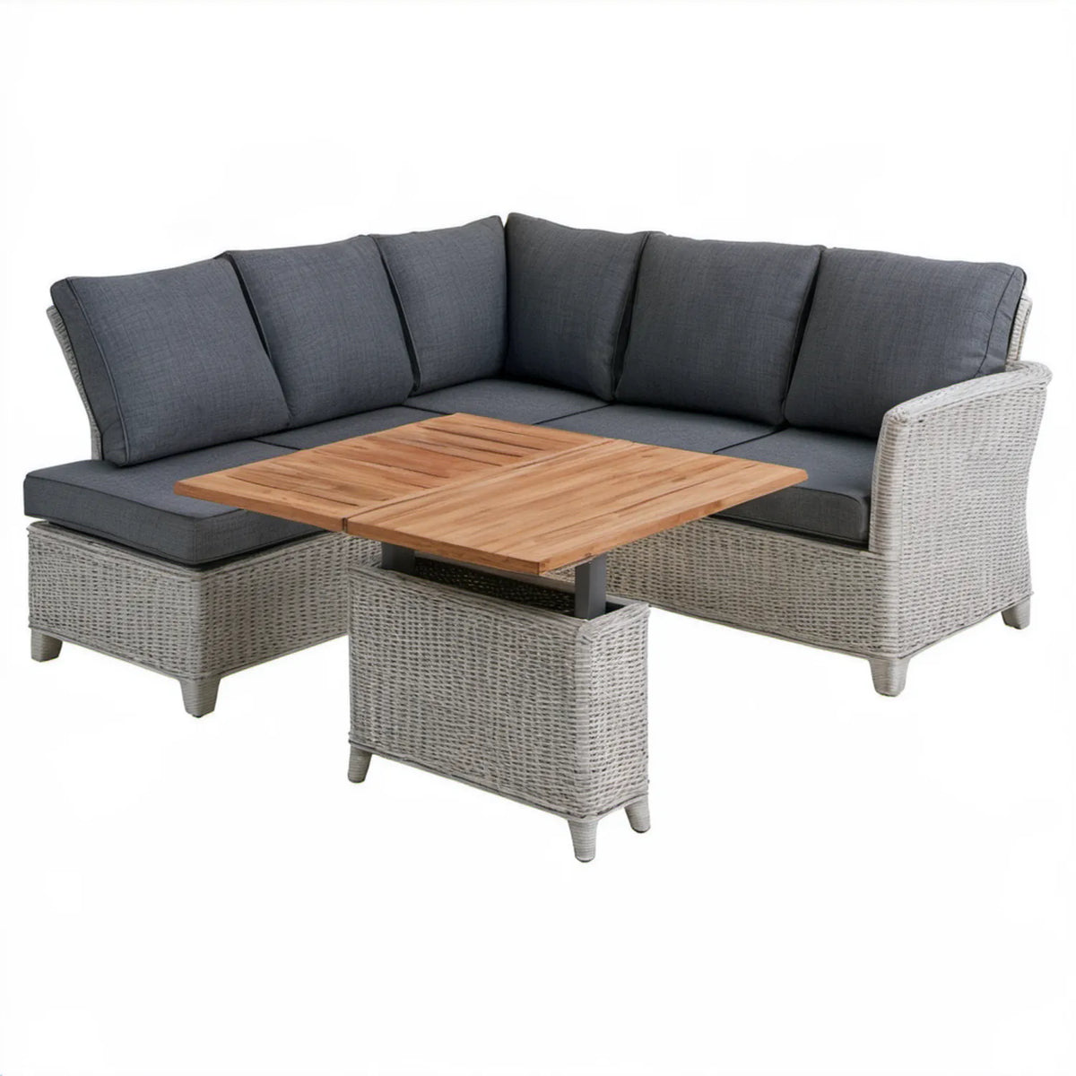 Ogrodowy narożnik z technorattanu PE jasnoszary z ciemnoszarymi poduszkami i podnoszonym stołem 210 x 210 cm