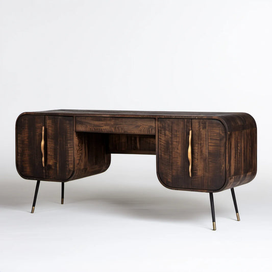 Ciemnobrązowe biurko z litego drewna mango, zaokrąglone, 160 x 60 x 76 cm